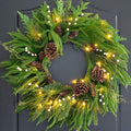 Prelit Christmas Wreaths for Front Door 24 Inch- Real Touch Norfolk Pine Wreath with Lights,Green Evergreen Outdoor Xmas Wreath with Natural Pine Cones and Berries for Farmhouse Home Decor