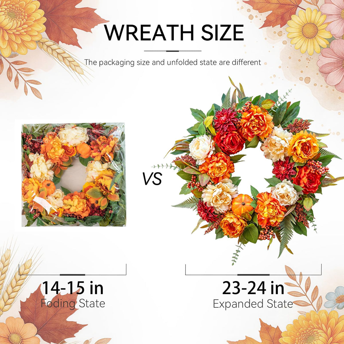 24" Fall Wreath for Front Door, Large Autumn Peony Wreath with Pumpkins, Dahlias, Fall Door Decoration for Home Porch Farmhouse Decor, Thanksgiving Halloween Decoration