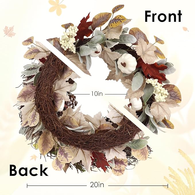 Fall Wreaths for Front Door Outside Decor, 20" Eucalyptus Maple Leaves Pumpkins Autumn Wreath Decorations with Bow and Hanging Sign for Thanksgiving Home Outdoor Indoor Porch Harvest