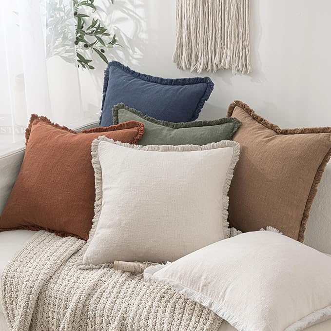 MIULEE Christmas Decorative Throw Pillow Covers Neutral Linen Fringe Throw Pillows Euro Shams Set of 2 Natural Beige Boho Farmhouse Cushion Covers for Couch Sofa Bed Living Room Home Decor 24x24 Inch
