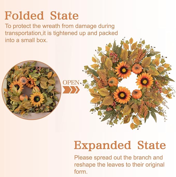 Fall Wreaths for Front Door 24 Inch Thanksgiving Autumn Wreath with Artificial Pumpkin Eucalyptus Sunflower Leaves Harvest Halloween Decorations Porch Farmhouse Outdoor Indoor Home Hanging Decor