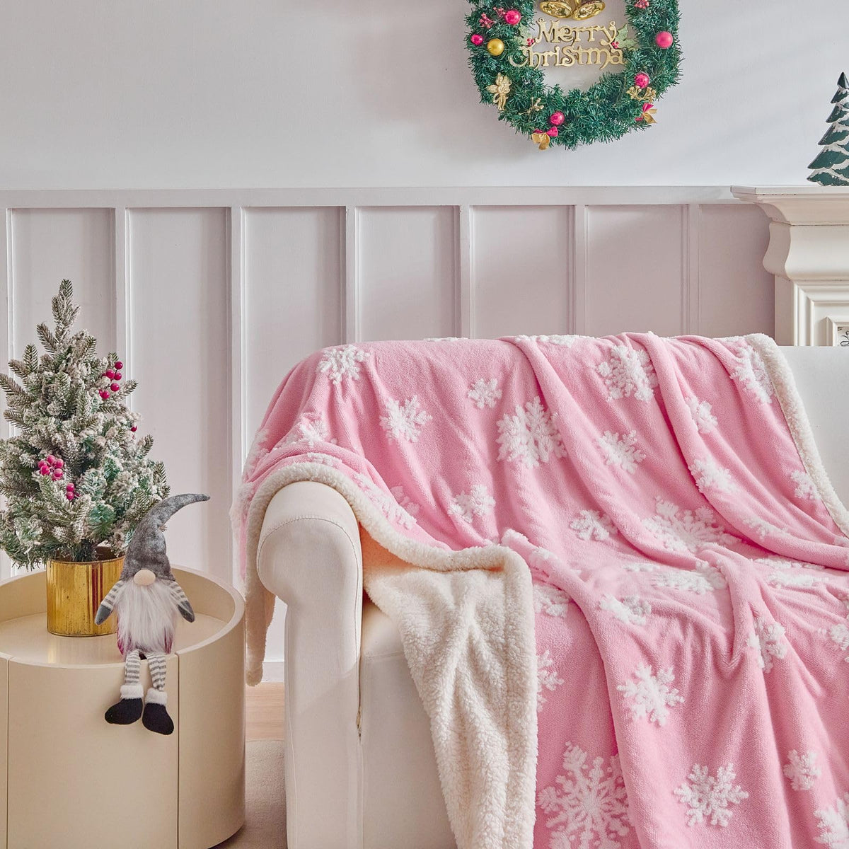 LenLuck Pink Christmas Blanket 50"x60", Soft Flannel Fleece Front & Sherpa Back, Snowflakes Throw Blanket for Couch, Fluffy Fuzzy Blanket, Christmas Decor Gift for Women, Men
