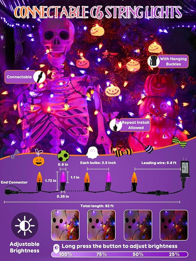 Upgraded 250 LED C6 Connectable Halloween String Lights, 82FT Orange and Purple Lights, Waterproof Fairy Twinkle Light Plug in with 13 Modes & Timer for Outdoor Indoor Party Tree Halloween Decorations