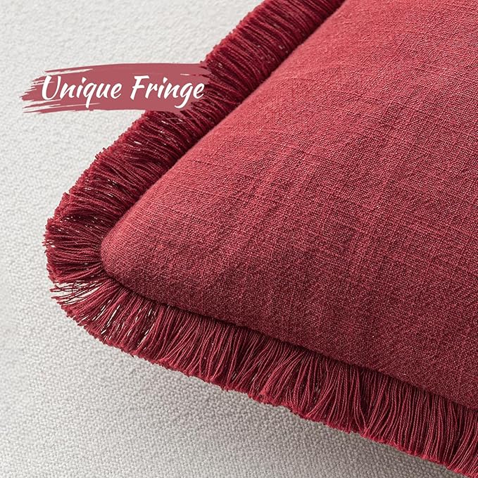 MIULEE Christmas Decorative Throw Pillow Covers Neutral Linen Fringe Throw Pillows Set of 2 Burgundy Boho Farmhouse Cushion Covers with Tassels for Couch Sofa Bed Living Room Home Decor 20x20 Inch