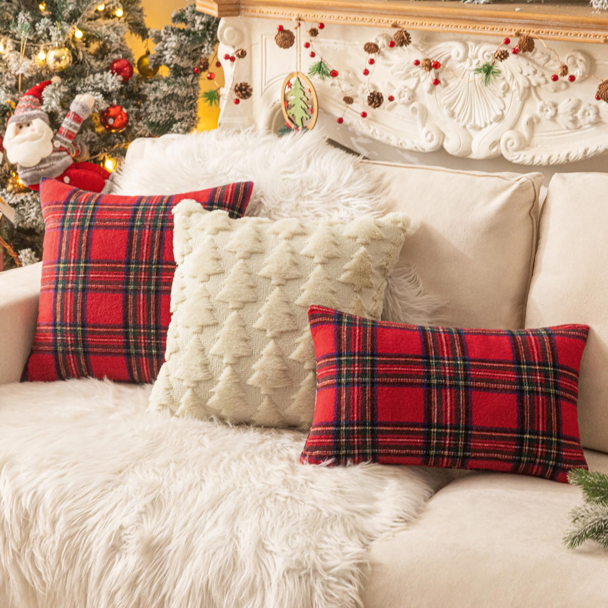 AQOTHES Christmas Plaid Throw Pillow Covers Set of 2 Scottish Tartan Winter Farmhouse Cushion Cover for Couch Sofa Bed Porch Home Holiday Decor Red 20 x 20 Inch