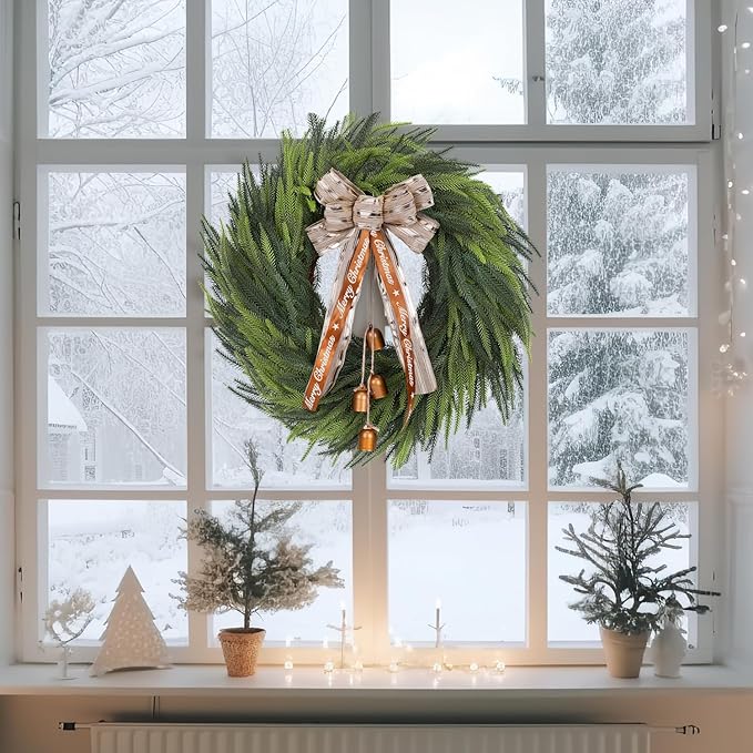 Real Touch Norfolk Pine Wreath for Front Door, 24'' Christmas Wreaths with Bow & Bells, Large Faux Cedar Pine Green Wreath for Wall Window Home Farmhouse Decorations Outdoor Indoor