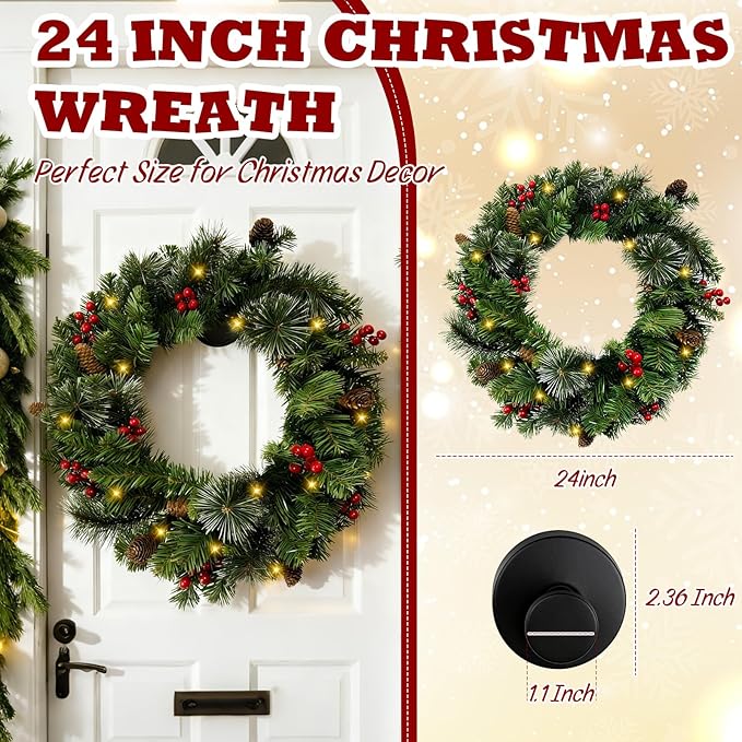 24 Inch Artificial Pre-Lit Christmas Wreath with Suction Cup Hook, Mixed Pine Decorated Frosted Berries, Pinecones, 50 LED Lights, Battery Operated, Holiday Decoration for Front Door, Outdoor