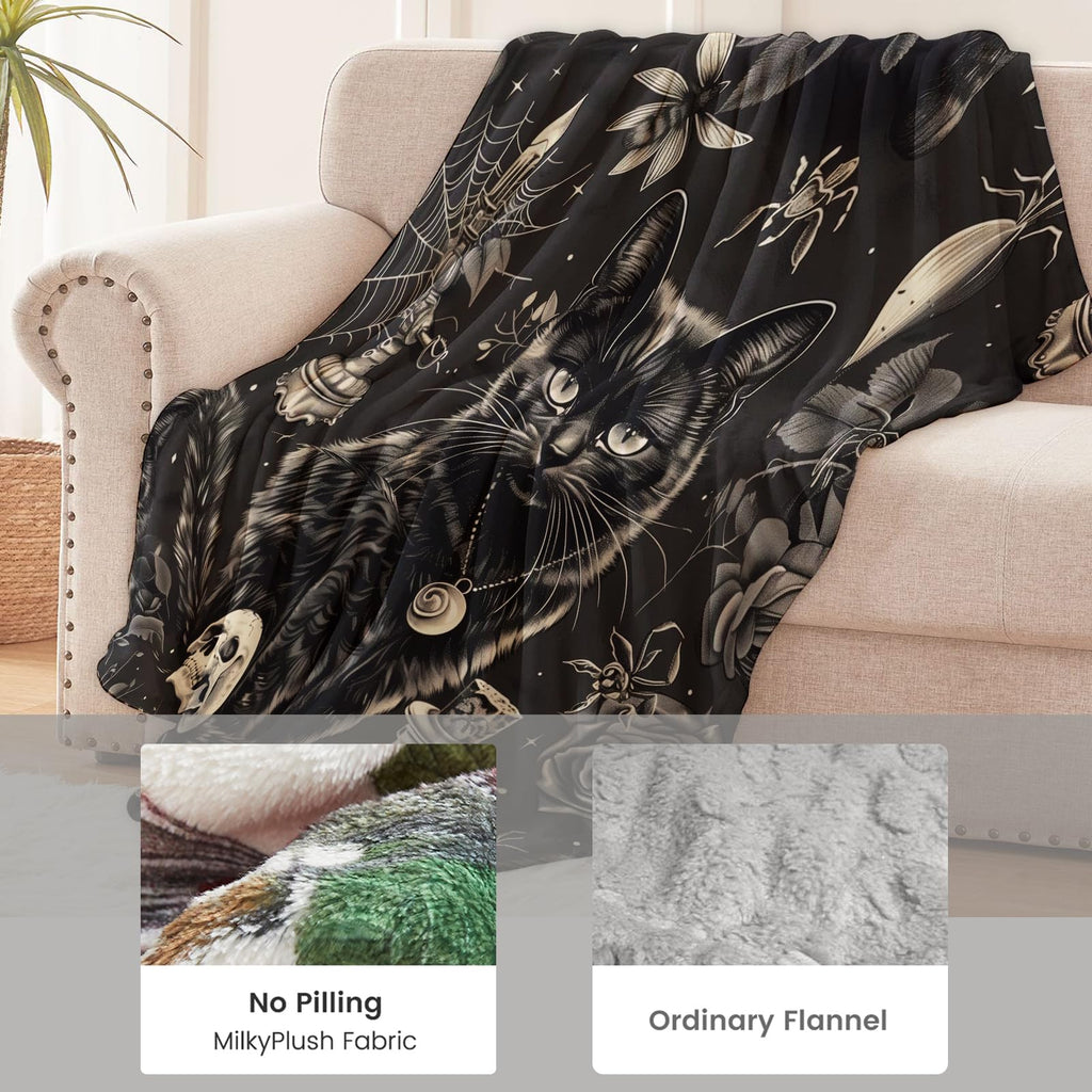 Goth Skull Blanket for Boys Kids Men Women, Flannel Skeleton Blankets Gifts, Halloween Black Cat Throw Blanket for Sofa Couch Bed Living Room Soft Warm Cozy Gothic Decor 60" x 50"