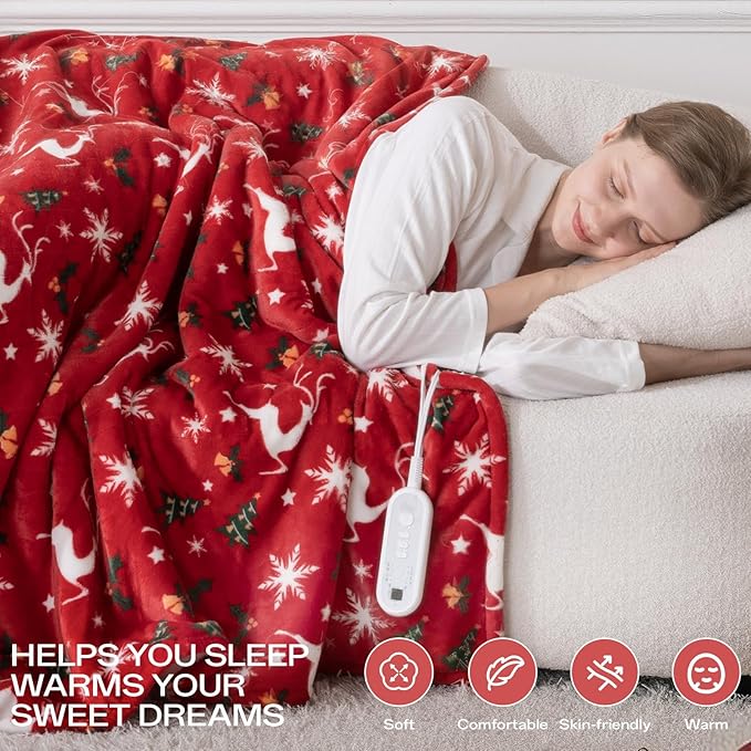 Electric Blanket Heated Throw, Soft Flannel Christmas Heated Blanket with 8 Hours Auto Off & 8 Fast Heating Levels Machine Washable Sherpa Heating Blanket with Overheating Protection Gift for Women