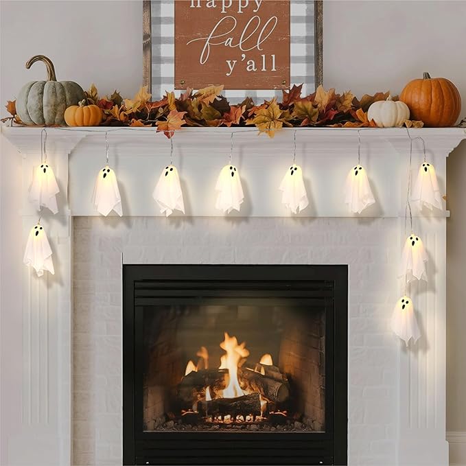 Halloween Decoration String Lights, Light up Ghost Garland, 7.5ft Battery Operated Ghost Lights with 10 LED for Mantle, Fireplace, Window, Porch, Party Indoor Outdoor Decor