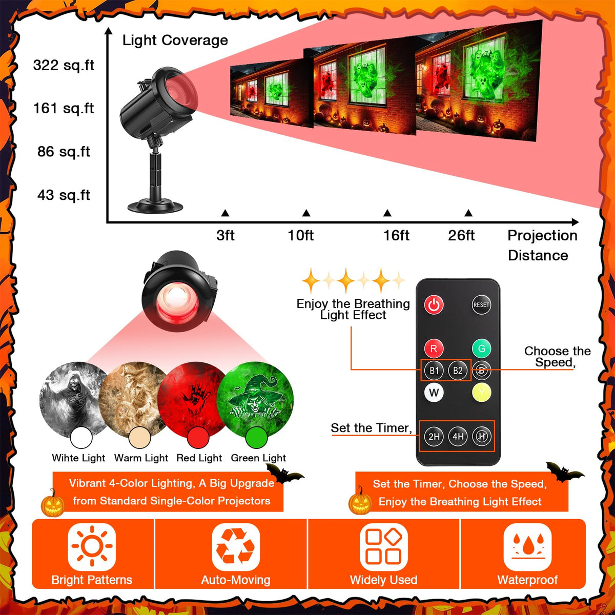 12 in 1 Halloween Ghost Projector Light Outdoor, 3D Dynamic Decoration Light 4 Color, Waterproof Scary Projector with Skeleton Ghost/Ghost/Pumpkin/Witch for Home Window Wall Halloween Holiday Decor