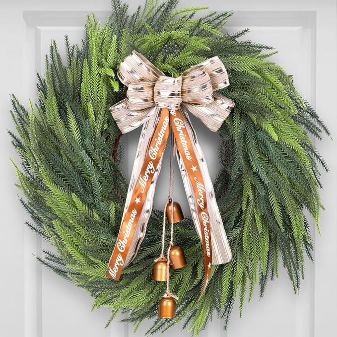 Real Touch Norfolk Pine Wreath for Front Door, 24'' Christmas Wreaths with Bow & Bells, Large Faux Cedar Pine Green Wreath for Wall Window Home Farmhouse Decorations Outdoor Indoor