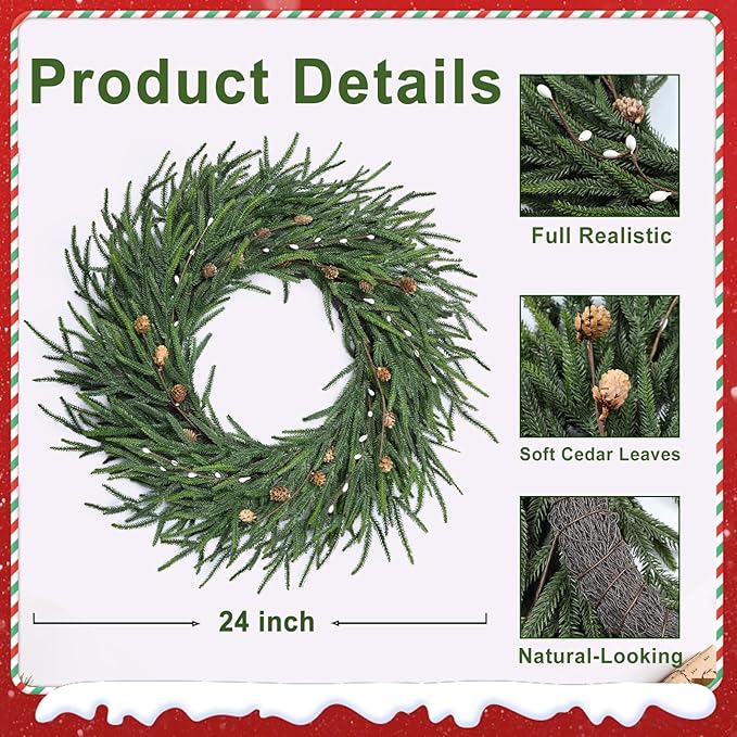 24 Inch Pine Wreath Christmas Wreaths for Front Door, Real Touch Pine Wreath with White Berries Artificial Green Wreaths for Walls Windows Porches Farmhouse Indoor Outdoor Home Decor