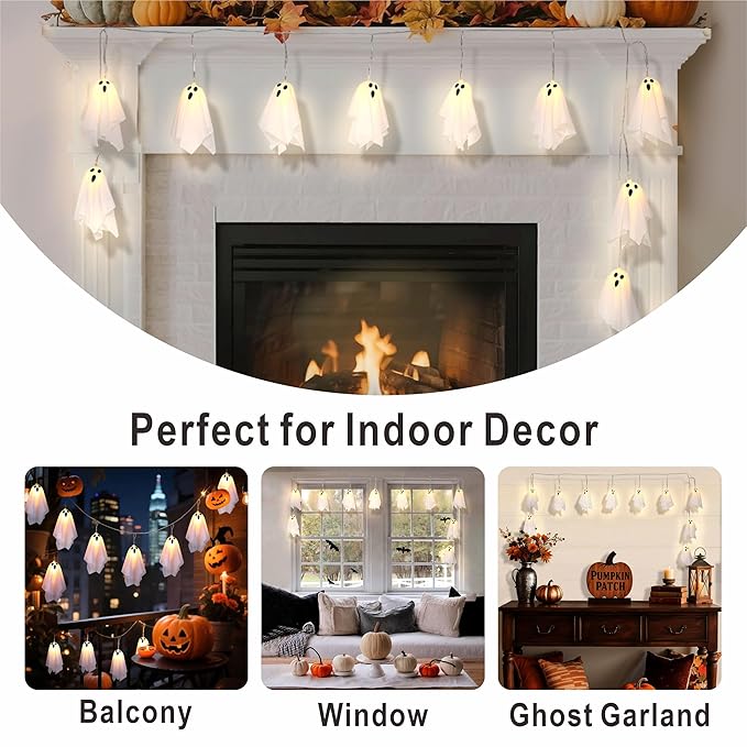 Halloween Decoration String Lights, Light up Ghost Garland, 7.5ft Battery Operated Ghost Lights with 10 LED for Mantle, Fireplace, Window, Porch, Party Indoor Outdoor Decor