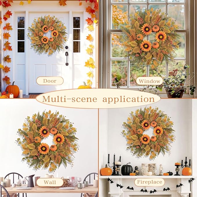 Fall Wreaths for Front Door 24 Inch Thanksgiving Autumn Wreath with Artificial Pumpkin Eucalyptus Sunflower Leaves Harvest Halloween Decorations Porch Farmhouse Outdoor Indoor Home Hanging Decor