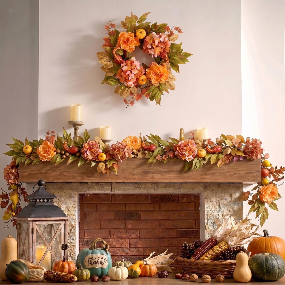 DecorbyHannah Fall Wreath for Front Door, 18 Inch Lighted Autumn Harvest Pumpkin Door Wreath with Lights, Artificial Yellow Peony Hydrangea Maple Leaf Decor for Mantle Porch Wall Home Indoor Outdoor