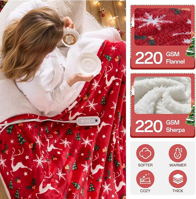 Electric Blanket Heated Throw, Soft Flannel Christmas Heated Blanket with 8 Hours Auto Off & 8 Fast Heating Levels Machine Washable Sherpa Heating Blanket with Overheating Protection Gift for Women