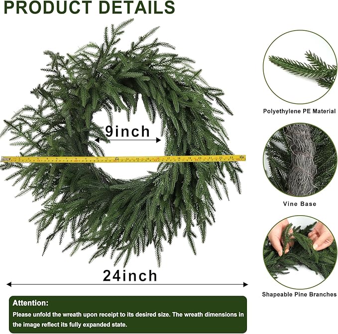 Artgar 24 Inch Christmas Pine Wreath Christmas Wreaths for Front Door, Real Touch Artificial Green Pine Wreath for Home Indoor Outdoor Wall Window Porch Farmhouse Winter Decor