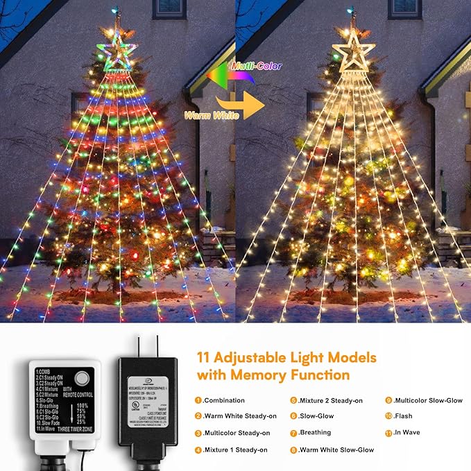 Christmas String Lights Outdoor Decoration 317 LED Star Fairy String Lights 11 Modes & Waterproof for Party Wedding Patio Yard New Year Holiday Indoor Outdoor - Warm White + Multi-Colored