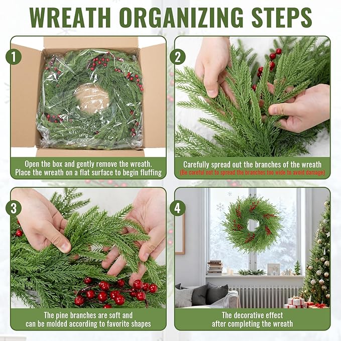 26 Inch Pine Wreath - Christmas Wreaths for Front Door - Real Touch Pine Wreath - Large Artificial Green Wreaths for Walls Windows Porches Farmhouse Indoor Outdoor Home Decor with Red Berries