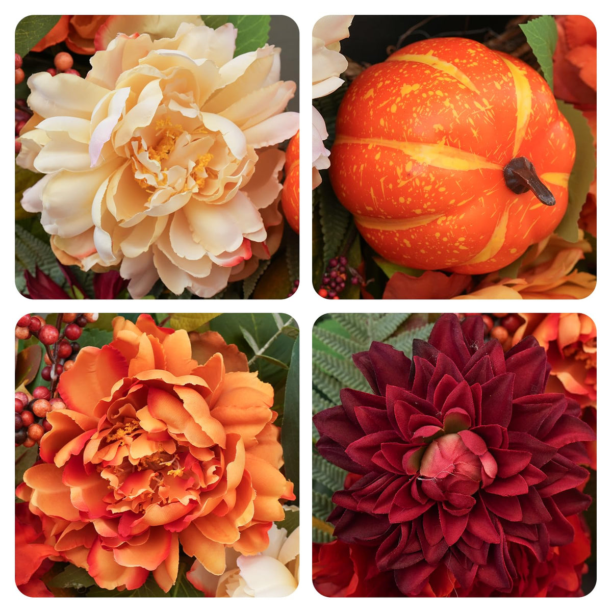 24" Fall Wreath for Front Door, Large Autumn Peony Wreath with Pumpkins, Dahlias, Fall Door Decoration for Home Porch Farmhouse Decor, Thanksgiving Halloween Decoration