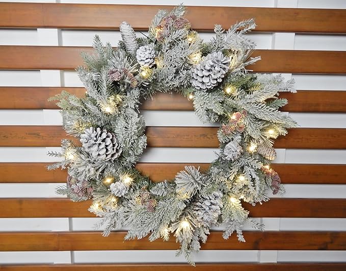 Large 28" D Pre-lit Christmas Snowy Artificial Pine Wreath w Super Big Pinecones, Succulents (35 LED Lights, 8 Flash Options) for Xmas Decor at Shop Home Front Door Living Room Wall Window (Battery)