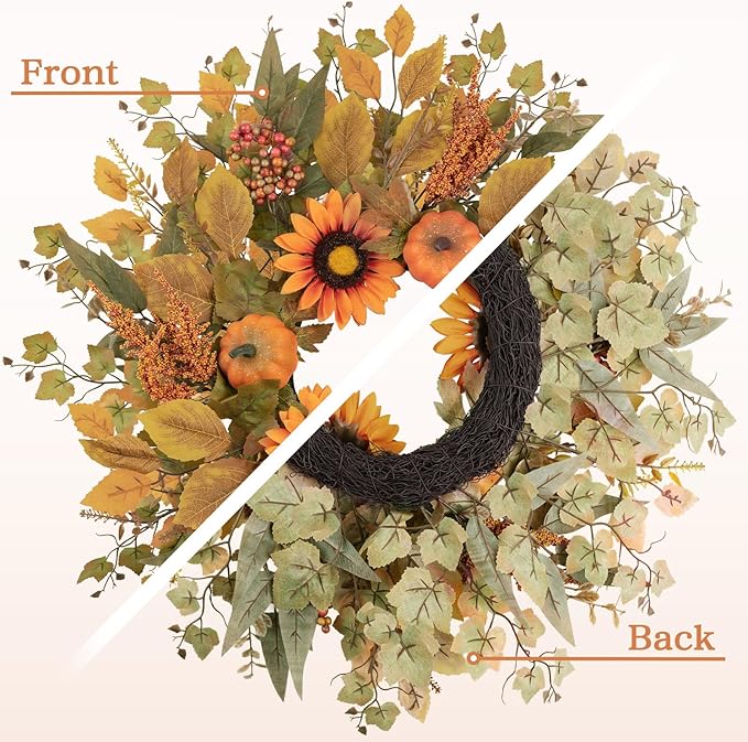 Fall Wreaths for Front Door 24 Inch Thanksgiving Autumn Wreath with Artificial Pumpkin Eucalyptus Sunflower Leaves Harvest Halloween Decorations Porch Farmhouse Outdoor Indoor Home Hanging Decor