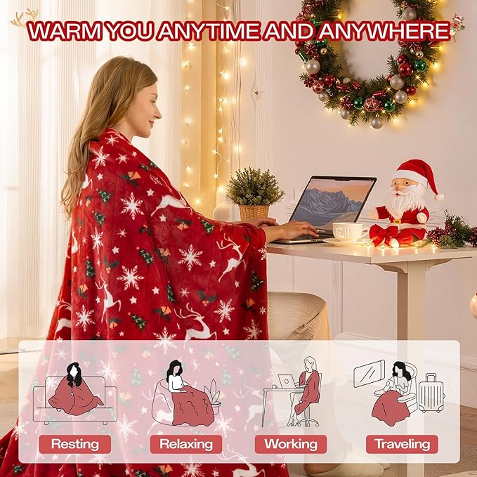 Electric Blanket Heated Throw, Soft Flannel Christmas Heated Blanket with 8 Hours Auto Off & 8 Fast Heating Levels Machine Washable Sherpa Heating Blanket with Overheating Protection Gift for Women