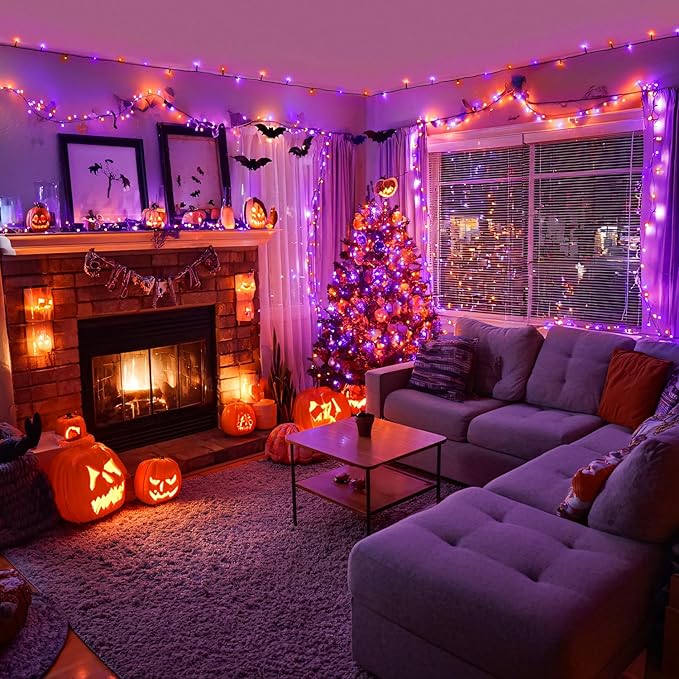 JMEXSUSS 400 LED Halloween Lights Outdoor Indoor, 132ft Halloween String Lights Plug in, Orange and Purple Light for Yard Tree Porch House