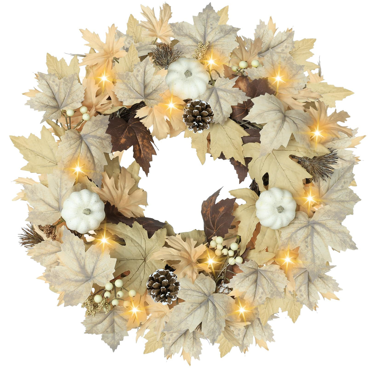 Realistic Fall Wreath with Lights, 22" Fall Wreaths for Front Door with Pumpkins Fall Leaves Berries Pine Cones,Autumn Wreath Fall Decorations for Home Thanksgiving Halloween Decorations for Wall Door
