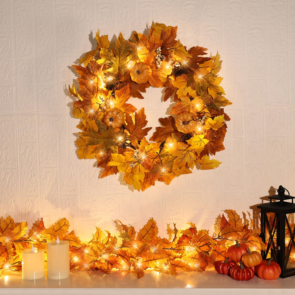 Zmtyykh Fall Wreaths for Front Door Outside Autumn Wreath with Lights Berries Pine Cones Fall Decorations for Home Decor Pumpkin Wreath for Farmhouse Holiday Thanksgiving Harvest Halloween Outdoor