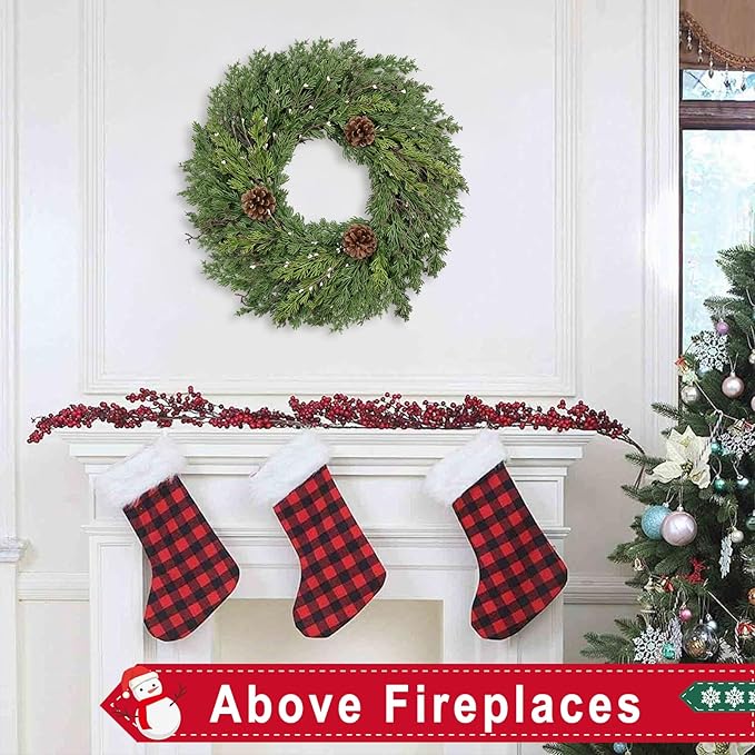 24 Inch Real Touch Lush Christmas Wreaths for Front Door with White Berries/Pine Cone Outdoor Christmas Decorations Winter Wreath Cypress Wreath for Windows Indoor Outside Xmas Home Decor Holiday