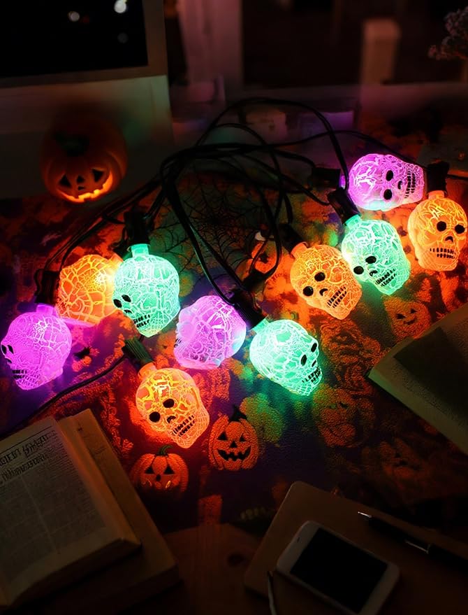 10.5ft Halloween Skull Lights Plug In, UL Certified Connectable String Lights for Outdoor Indoor Halloween Decor, Waterproof Spooky Decorations with Spare Bulb & Clips for Yard, Party, Porch