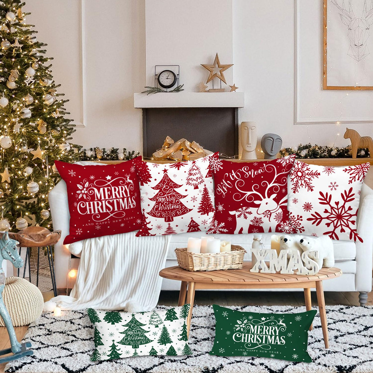 Lanpn White and Red 18x18 Christmas Pillow Covers Set of 4, Decorative 18 Inch Winter Snowflake Throw Pillow Case Xmas Cushion Cover for Indoor House Sofa Red