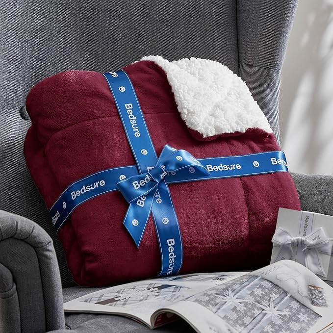 Bedsure GentleSoft Sherpa Fleece Throw Blanket for Couch - Thick and Warm Throw for Women, Soft Fuzzy Plush Christmas Blanket for Winter, Burgundy, 50x60 Inches