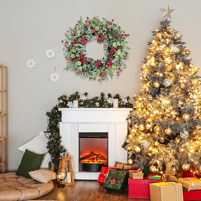 Sggvecsy 22 Inch Artificial Christmas Wreath for Front Door Xmas Red Berry Wreath with Pine Needles Pine Cones Eucalyptus Leaves Christmas Decorations for Winter Wall Outdoor Home Holiday Xmas Decor