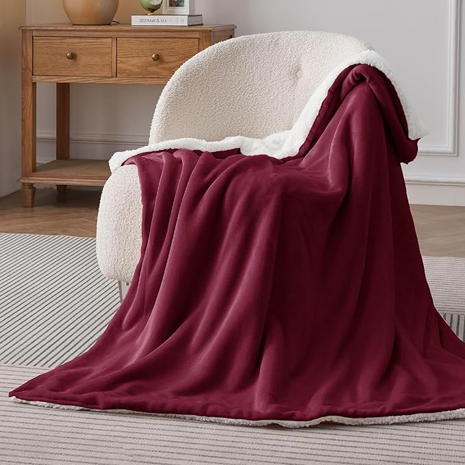 Bedsure GentleSoft Sherpa Fleece Throw Blanket for Couch - Thick and Warm Throw for Women, Soft Fuzzy Plush Christmas Blanket for Winter, Burgundy, 50x60 Inches