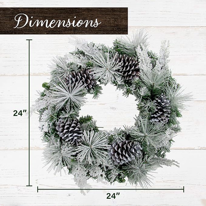 Fraser Hill Farm 24" Christmas Snow Flocked Wreath Door Hanging with Oversized Pinecones, Festive Christmas Holiday Decorations