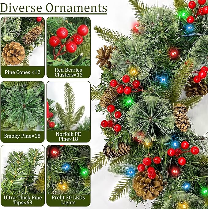 Christmas Wreaths for Front Door, Prelit Christmas Wreath with 30 Warm White & Colorful Lights 8 Modes Timer Pinecones Berried Norfolk Pine Wreath 20 Inch Xmas Wreath Decorations for Door Wall Windows