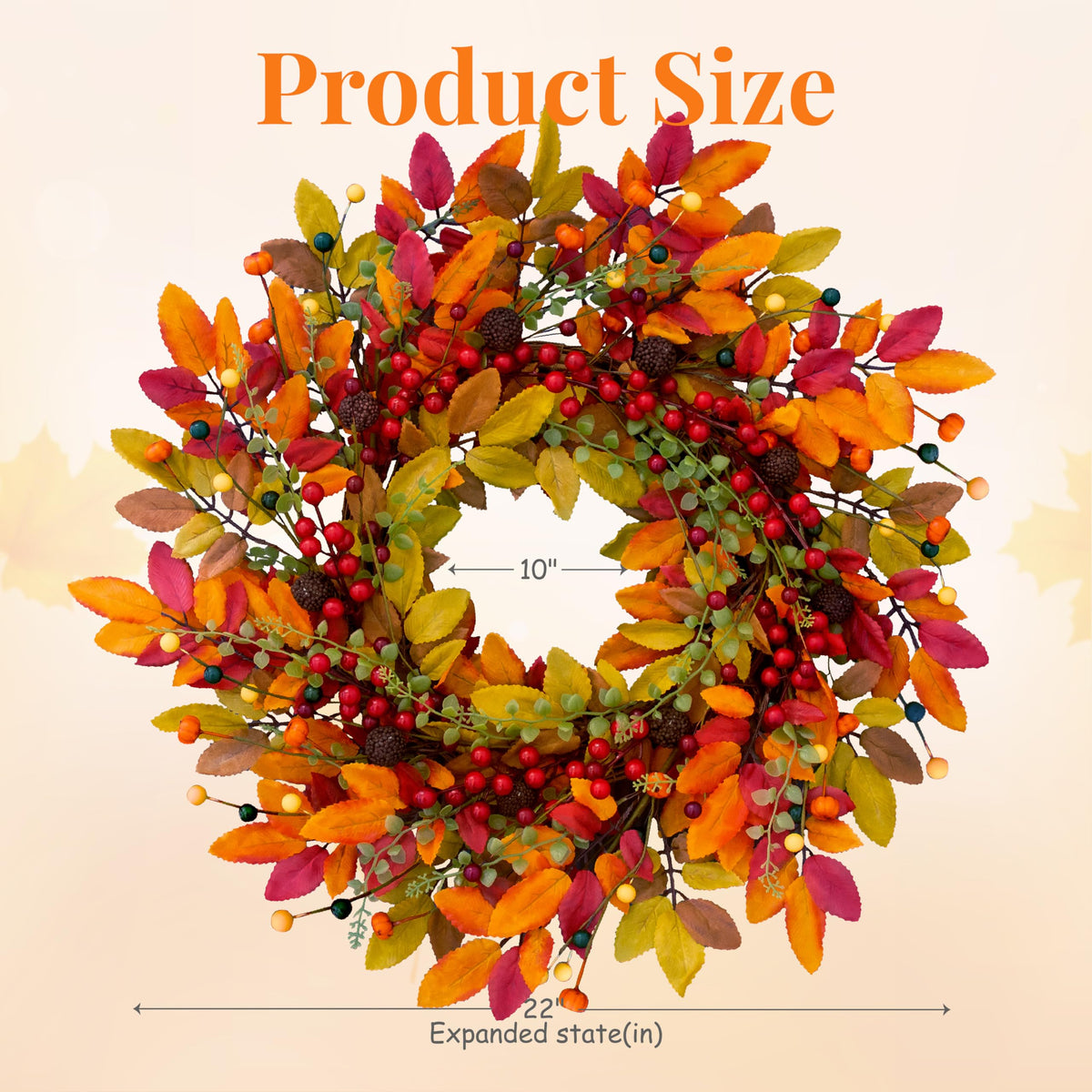 22" Berry Branches Fall Wreath with Colorful Leaves, Red Autumn Artificial Berries Wreath for Front Door Outside Thanksgiving Halloween Window Home Wall Farmhouse Holiday Outdoor Indoor Décor