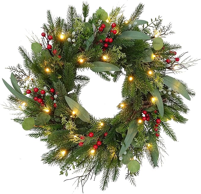 Big 26" D Pre-Lit Christmas Greenery Pine Wreath w Real Grapevine Base (35 Led Lights, 8 Flash Options) for Xmas Decoration: Shop Home Decor Front Door Living Room Wall Window (Battery)