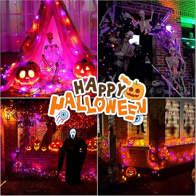 LAMPHOME 66ft Halloween Decorative Mini Lights, 200 LED Transparent Wire Fairy Starry String Lights Plug in, 12 Lighting Modes, for Halloween Decoration Outdoor Party Decoration (Orange and Purple)