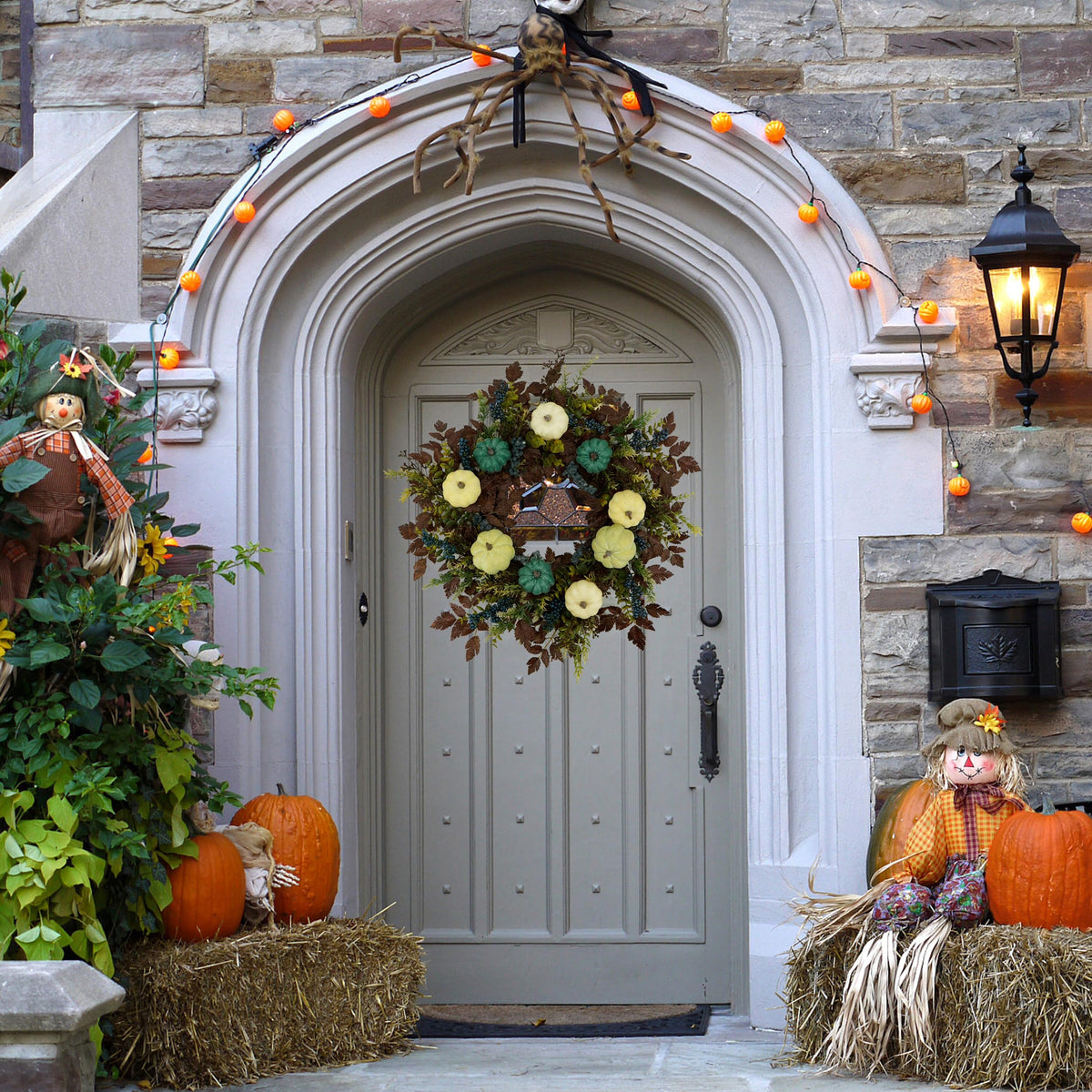 AMF0RESJ Fall Wreaths for Front Door 24" Thanksgiving Autumn Wreath with Pumpkins,Cimicifuga Plant Leaves,Berry for Front Door Indoor Outdoor Farmhouse Home Porch Window Festival Wedding Decoration