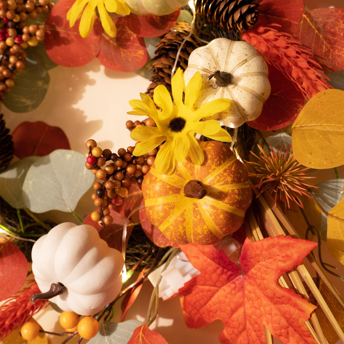 Valery Madelyn Fall Wreath with Lights for Front Door, 18" Halloween Door Wreath with White Pumpkins Silk Maple Leaves, Outdoor Fall Autumn Decorations for Home Porch Thanksgiving Harvest Table Decor