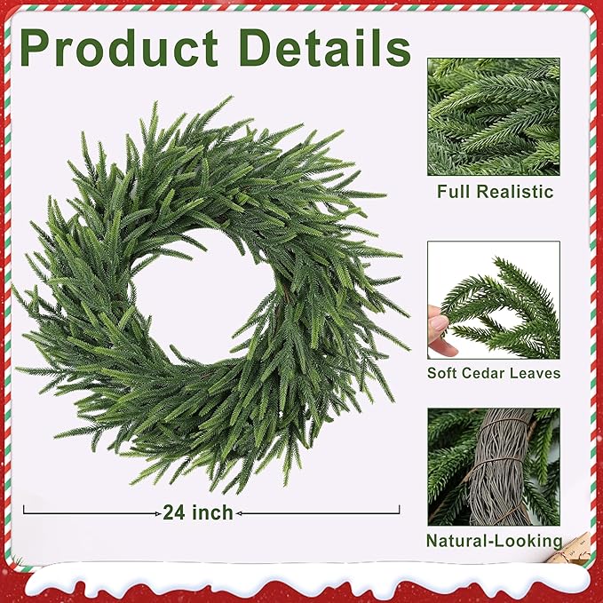 24 Inch Pine Wreath Christmas Wreaths for Front Door, Real Touch Pine Wreath Large Artificial Green Wreaths for Walls Windows Porches Farmhouse Indoor Outdoor Home Decor