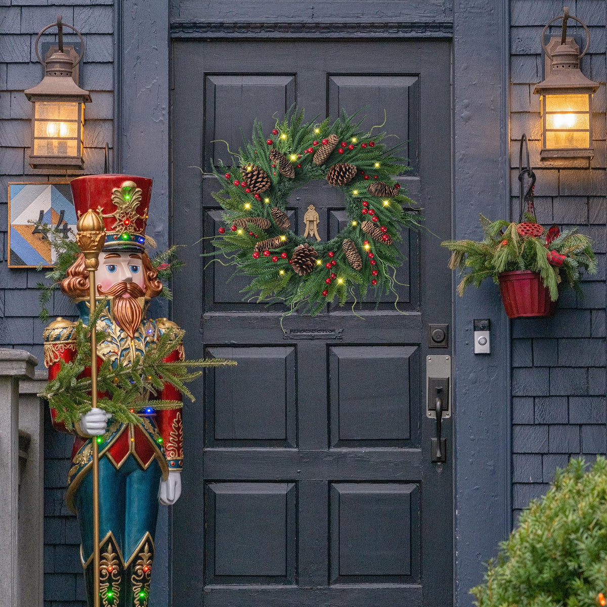 24’’ Real Touch Norfolk Pine Wreath Artificial Christmas Green Wreath for Front Door with Red Berries Pinecones Christmas Decorations for Winter Farmhouse Wall Indoor Outdoor Home Holiday Xmas Decor