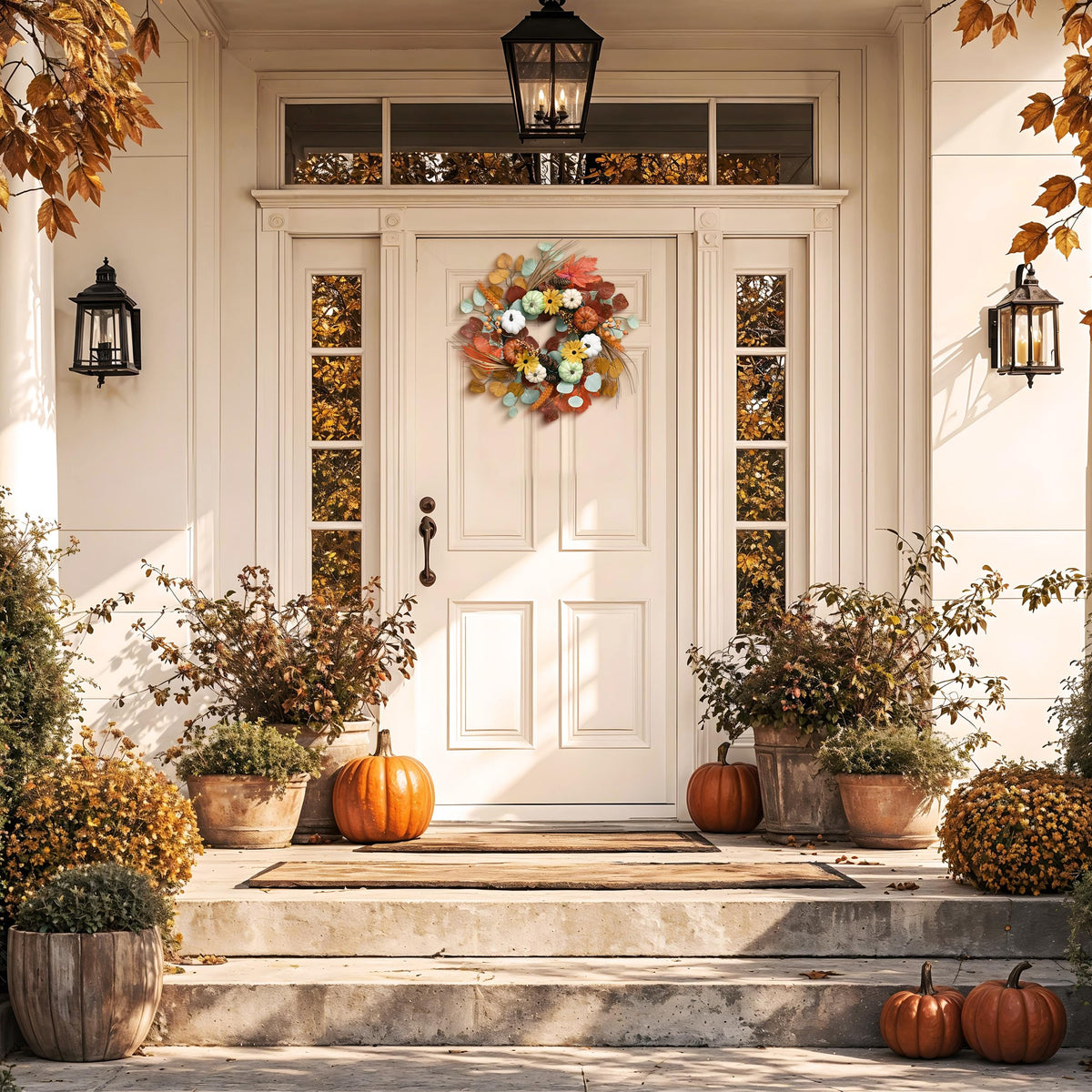 Valery Madelyn Fall Wreath with Lights for Front Door, 18" Halloween Door Wreath with White Pumpkins Silk Maple Leaves, Outdoor Fall Autumn Decorations for Home Porch Thanksgiving Harvest Table Decor