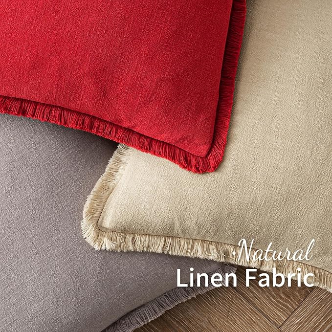 MIULEE Christmas Decorative Throw Pillow Covers Neutral Linen Fringe Throw Pillows Euro Shams Set of 2 Red Boho Farmhouse Cushion Covers with Tassels for Couch Sofa Bed Living Room Decor 24x24 Inch