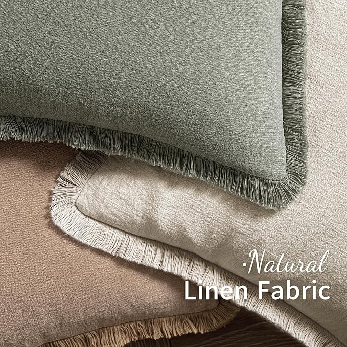 MIULEE Christmas Decorative Throw Pillow Covers Neutral Linen Fringe Throw Pillows Euro Shams Set of 2 Natural Beige Boho Farmhouse Cushion Covers for Couch Sofa Bed Living Room Home Decor 22x22 Inch