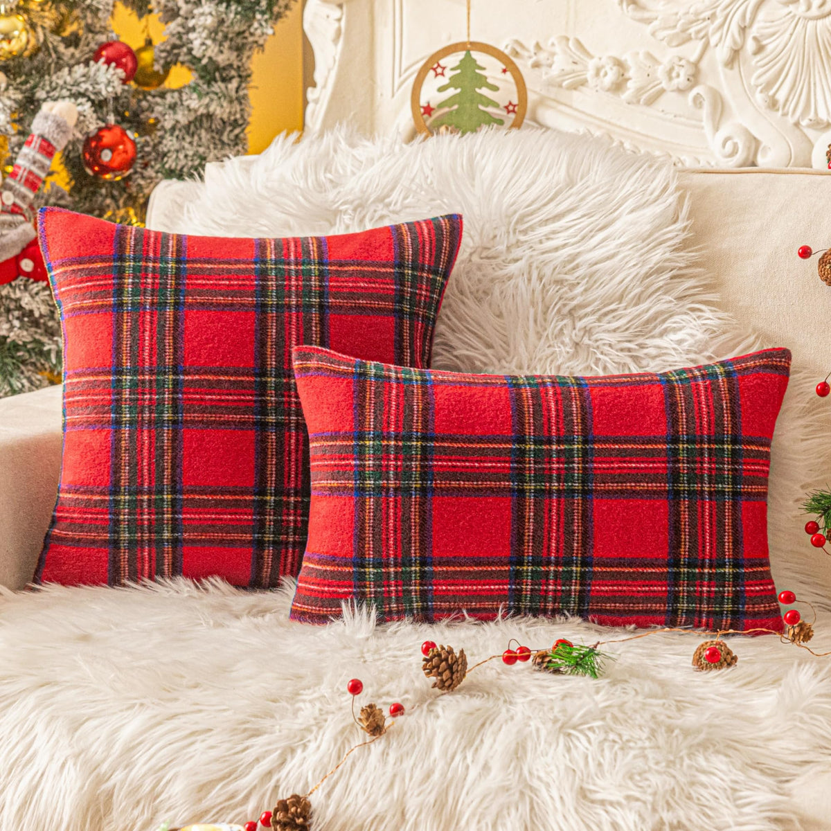 AQOTHES Christmas Plaid Throw Pillow Covers Set of 2 Scottish Tartan Winter Farmhouse Cushion Cover for Couch Sofa Bed Porch Home Holiday Decor Red 20 x 20 Inch